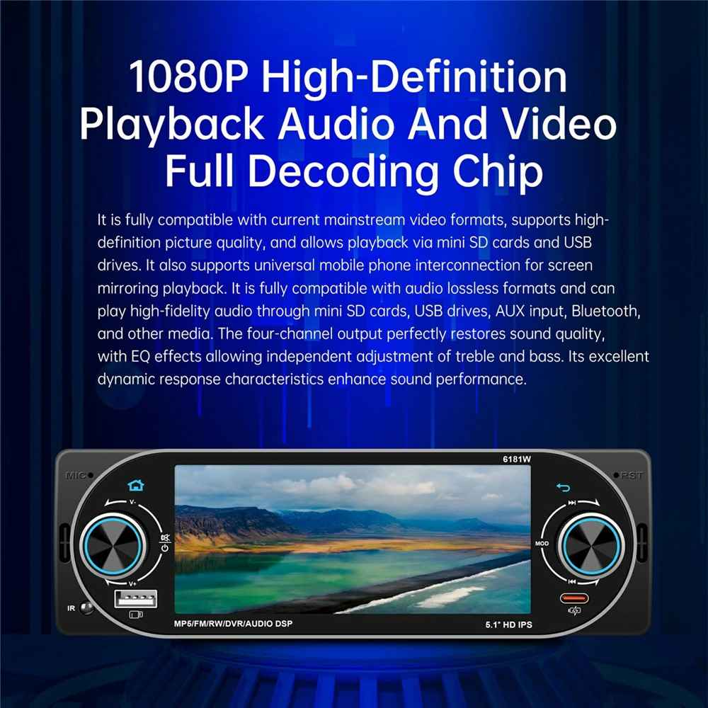 6181W 5.1 Inch HD Screen Single DIN Car Radio MP5 Player Wireless CarPlay Android Auto Bluetooth-compatible FM Radio