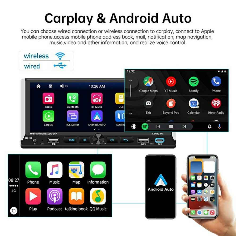 6281W Single DIN Car Stereo Radio 6.9 Inch Touch Screen GPS Navigation MirrorLink Android Auto Wireless CarPlay Player