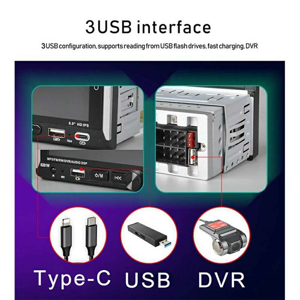 6281W Single DIN Car Stereo Radio 6.9 Inch Touch Screen GPS Navigation MirrorLink Android Auto Wireless CarPlay Player