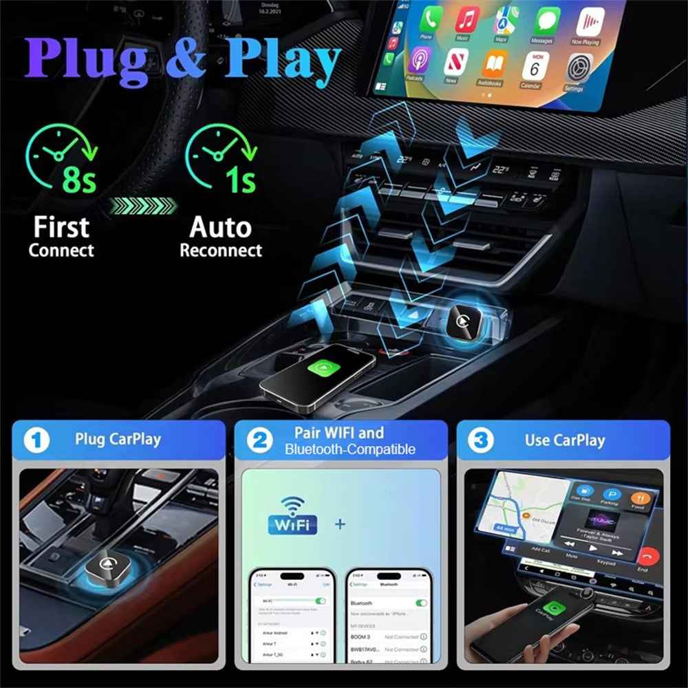 Q1A Wired to Wireless Carplay  /  Android Auto 2 in 1 Dongle Auto Connect Mini Adapter - Black+Colorful Car Symbol