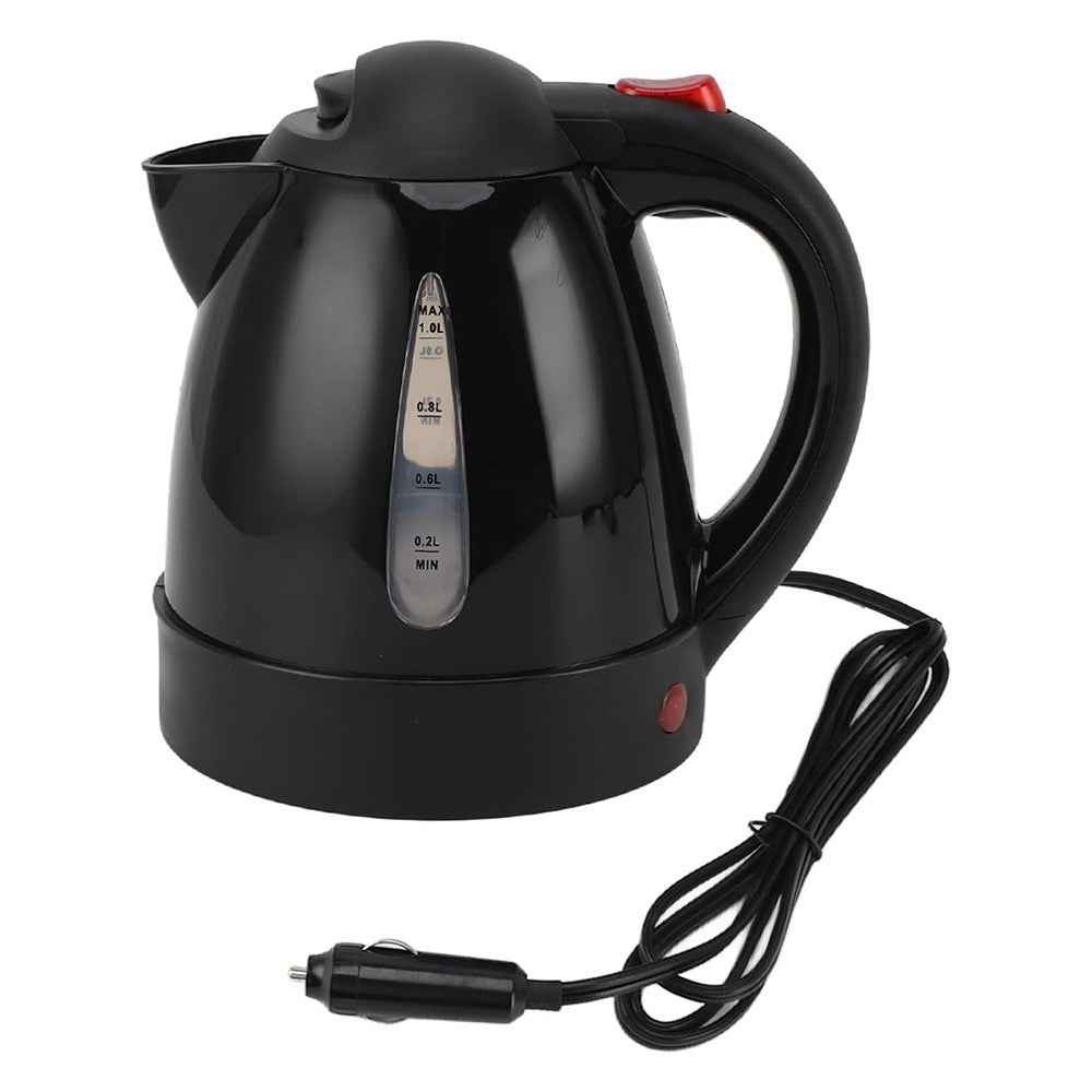 12V Portable Car Electric Water Kettle 1L 150W Fast Boiling Tea Kettle with Cigarette Lighter Cord (BPA Free, No FDA) - Black