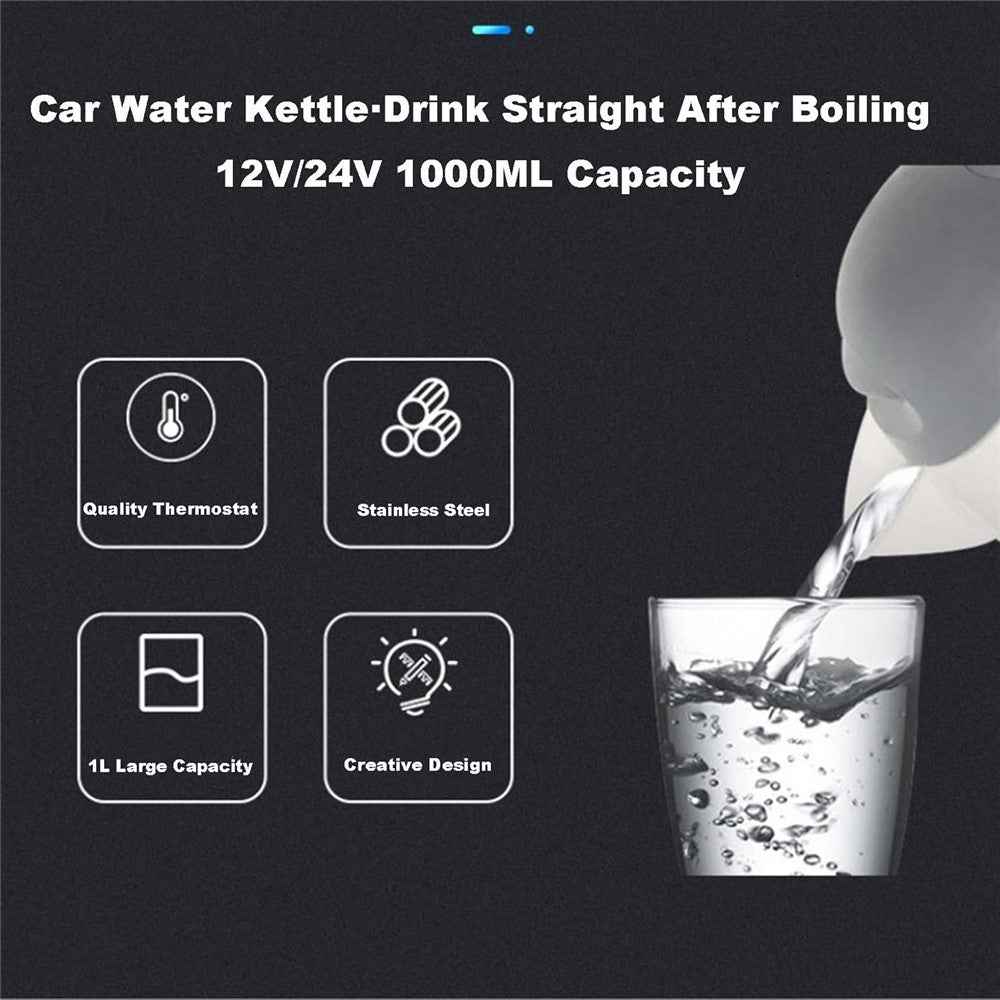 12V Portable Car Electric Water Kettle 1L 150W Fast Boiling Tea Kettle with Cigarette Lighter Cord (BPA Free, No FDA) - Black