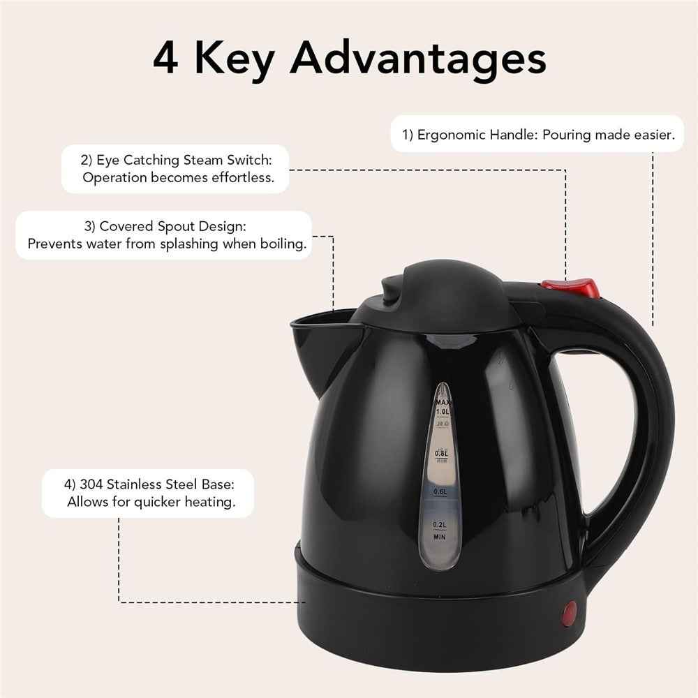 12V Portable Car Electric Water Kettle 1L 150W Fast Boiling Tea Kettle with Cigarette Lighter Cord (BPA Free, No FDA) - Black