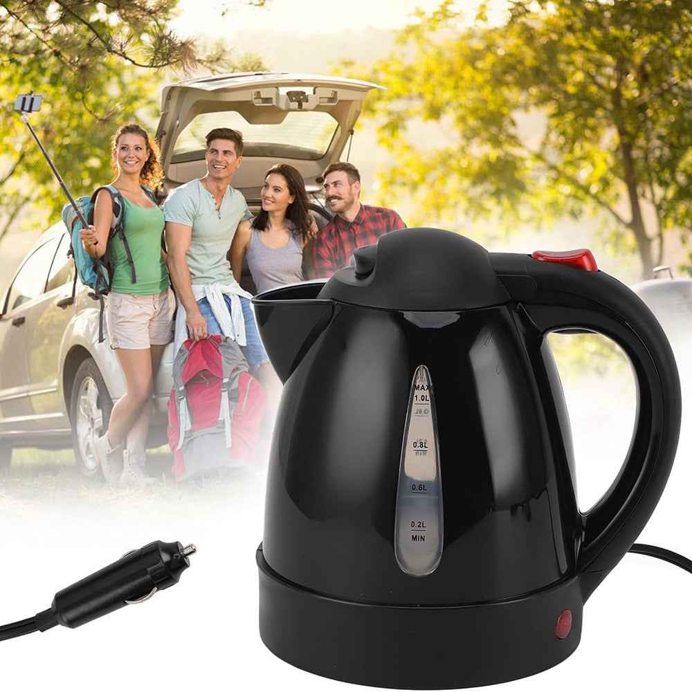 12V Portable Car Electric Water Kettle 1L 150W Fast Boiling Tea Kettle with Cigarette Lighter Cord (BPA Free, No FDA) - Black