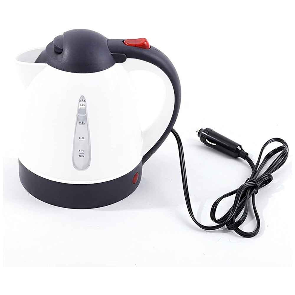 12V Portable Car Electric Water Kettle 1L 150W Fast Boiling Tea Kettle with Cigarette Lighter Cord (BPA Free, No FDA) - White