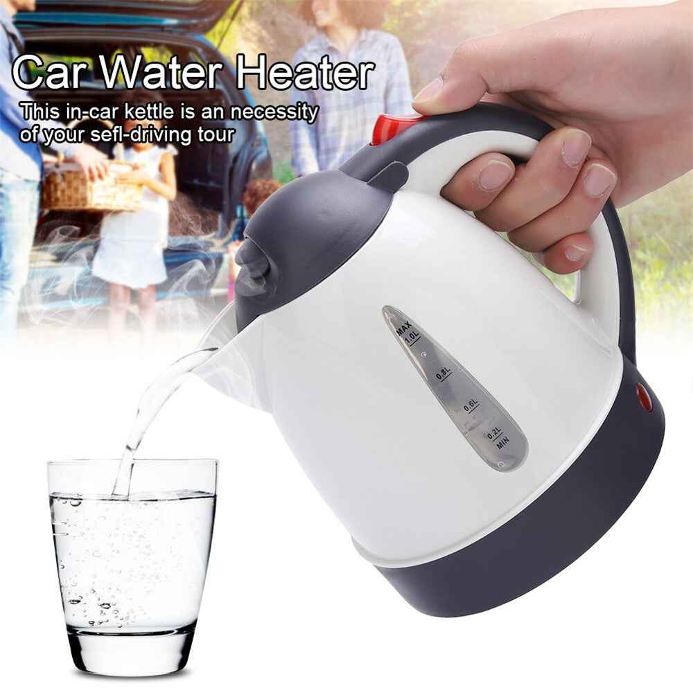 24V Portable Car Electric Water Kettle 1L 250W Fast Boiling Tea Kettle with Cigarette Lighter Cord (BPA Free, No FDA) - White
