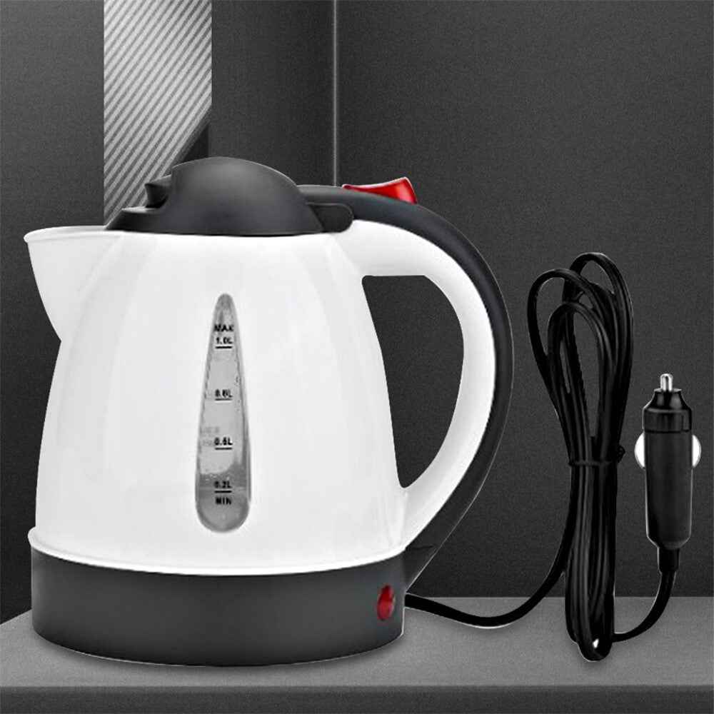 24V Portable Car Electric Water Kettle 1L 250W Fast Boiling Tea Kettle with Cigarette Lighter Cord (BPA Free, No FDA) - White