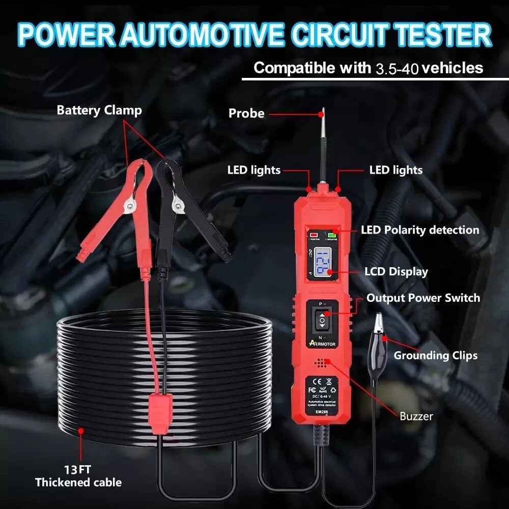 LCD Display Car Battery Circuit Tester 3.5-40V DC Automotive Electrical System Diagnostic Tool - Red