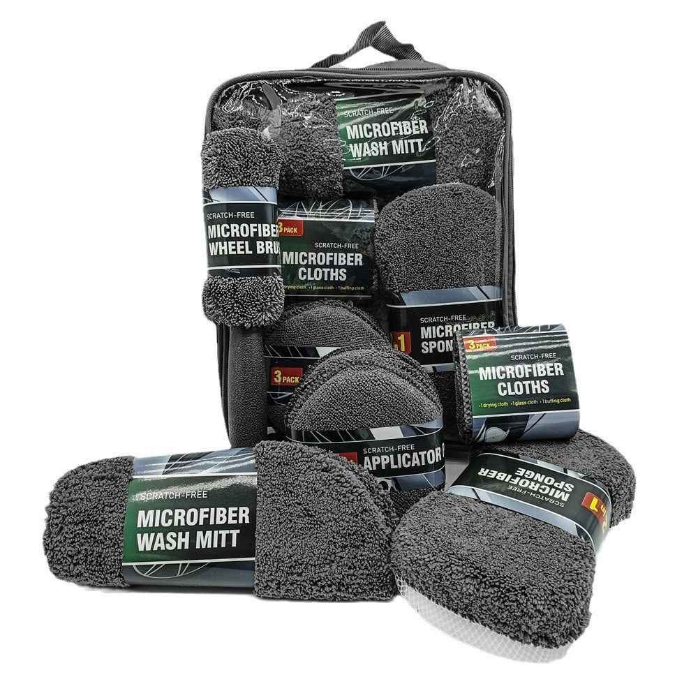 9Pcs Car Wash Kit Microfiber Towel Sponge Wax Applicator Wheel Brush Scratch Free Cleaning Set - Grey