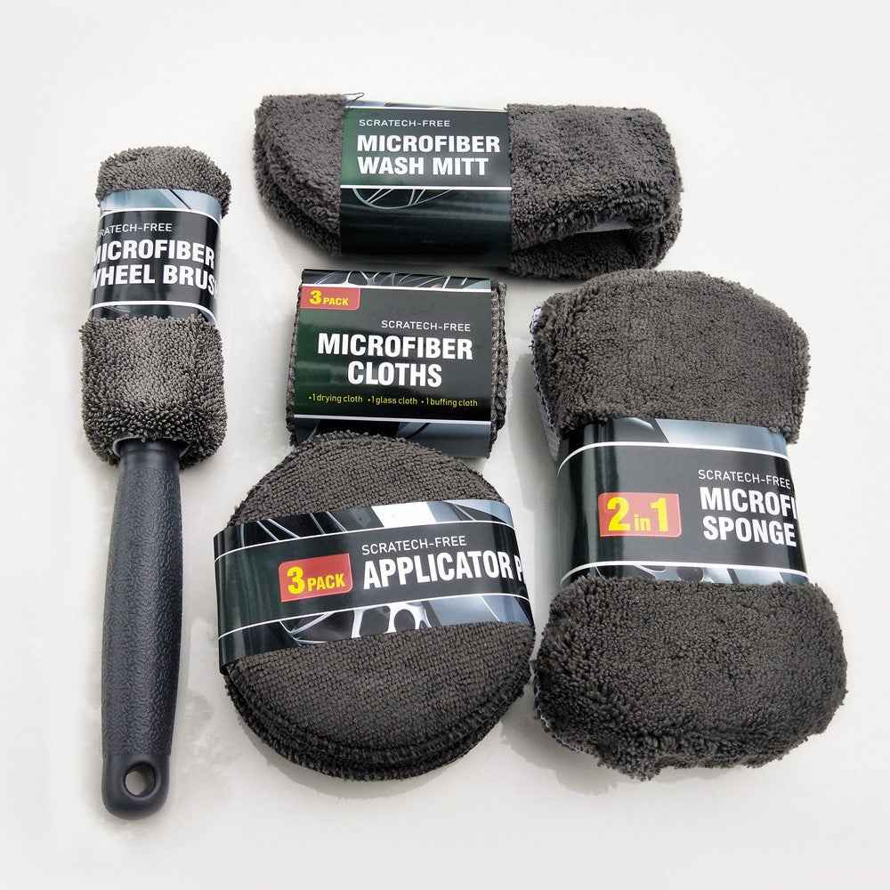 9Pcs Car Wash Kit Microfiber Towel Sponge Wax Applicator Wheel Brush Scratch Free Cleaning Set - Grey