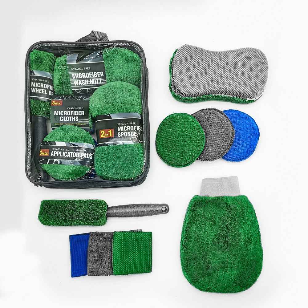9Pcs Car Wash Kit Microfiber Towel Sponge Wax Applicator Wheel Brush Scratch Free Cleaning Set - Blue