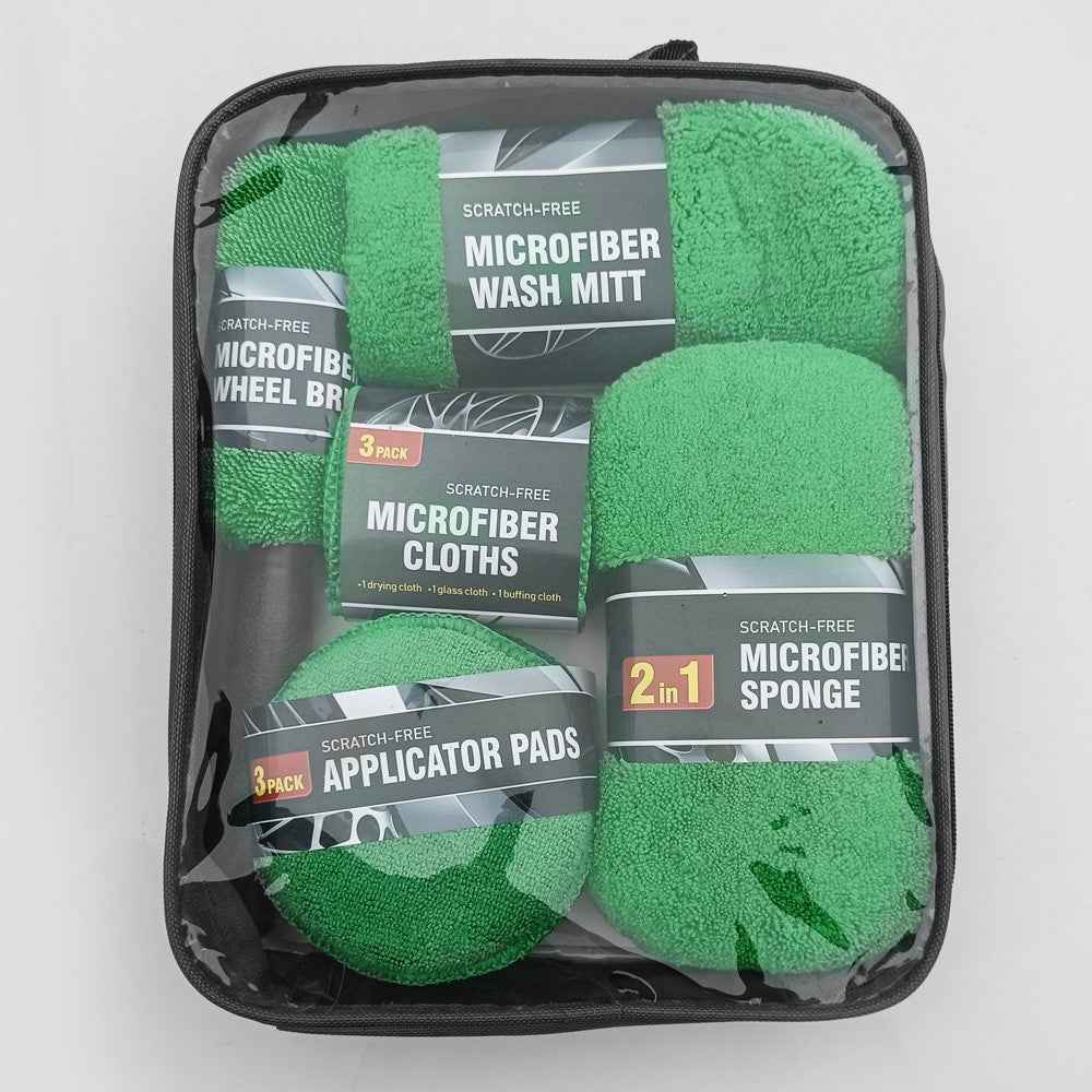 9Pcs Car Wash Kit Microfiber Towel Sponge Wax Applicator Wheel Brush Scratch Free Cleaning Set - Blue