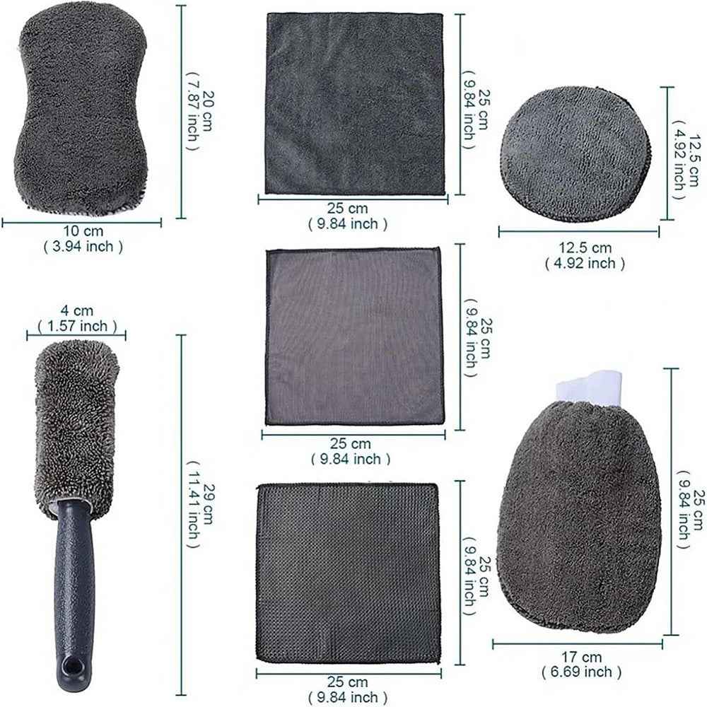 9Pcs Car Wash Kit Microfiber Towel Sponge Wax Applicator Wheel Brush Scratch Free Cleaning Set - Blue