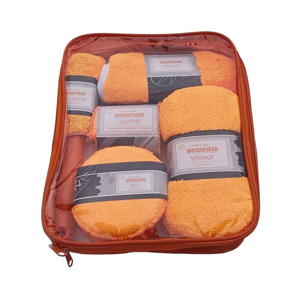9Pcs Car Wash Kit Microfiber Towel Sponge Wax Applicator Wheel Brush Scratch Free Cleaning Set - Orange