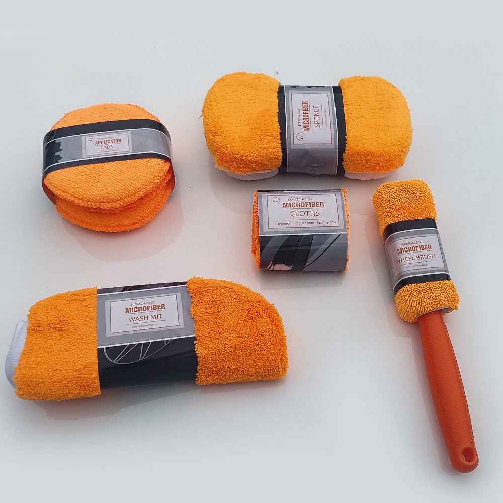 9Pcs Car Wash Kit Microfiber Towel Sponge Wax Applicator Wheel Brush Scratch Free Cleaning Set - Orange