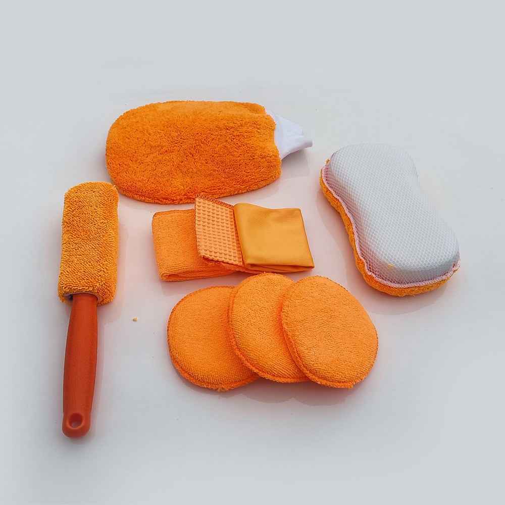 9Pcs Car Wash Kit Microfiber Towel Sponge Wax Applicator Wheel Brush Scratch Free Cleaning Set - Orange