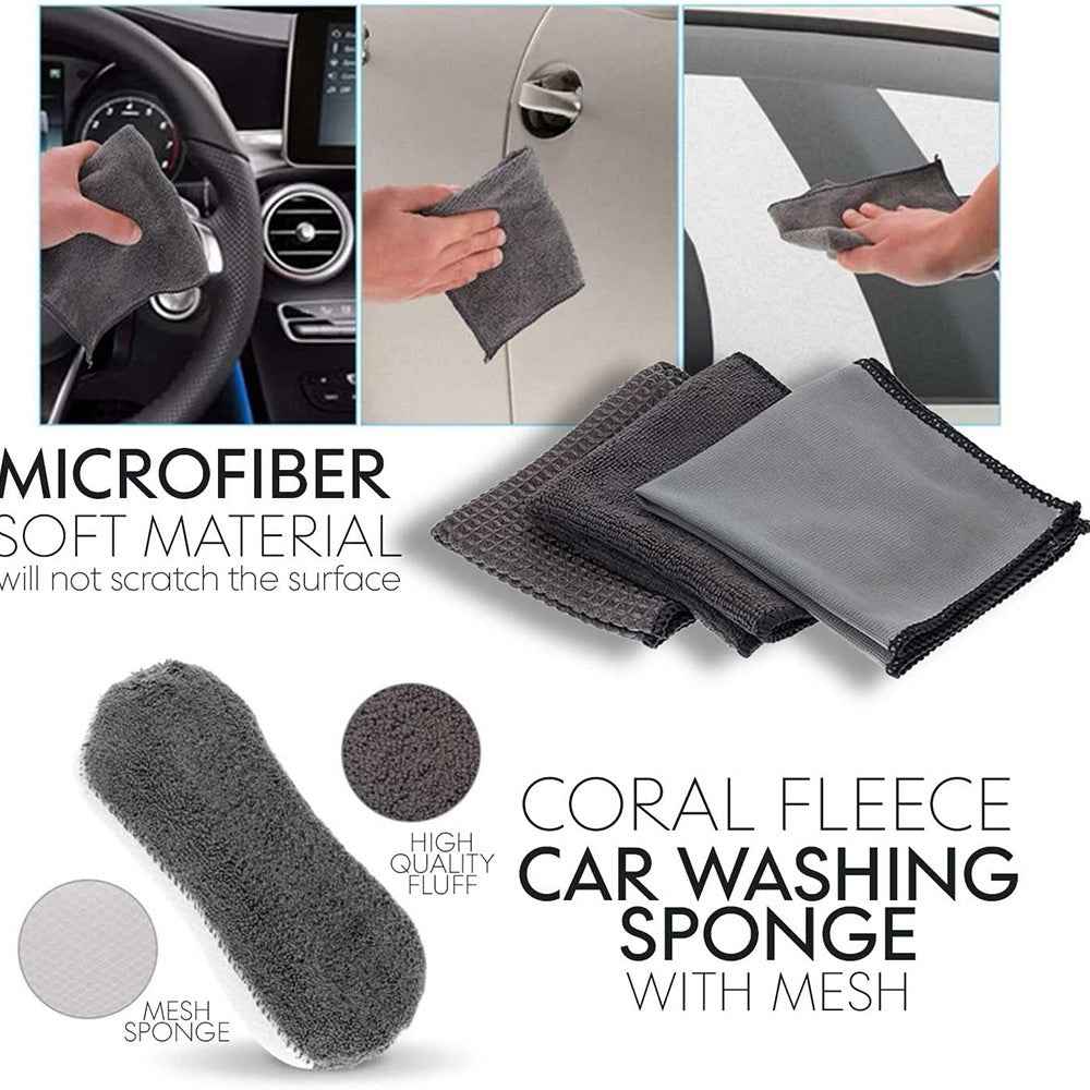 9Pcs Car Wash Kit Microfiber Towel Sponge Wax Applicator Wheel Brush Scratch Free Cleaning Set - Orange
