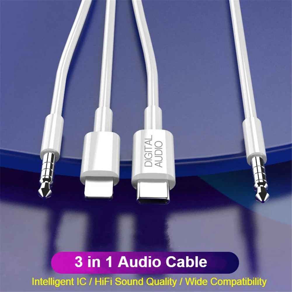 MH045S 3-in-1 Type-C / iP / 3.5mm Multifunction Car Audio Cable for iPhone 13 / Google Pixel 4 / Samsung Galaxy S20