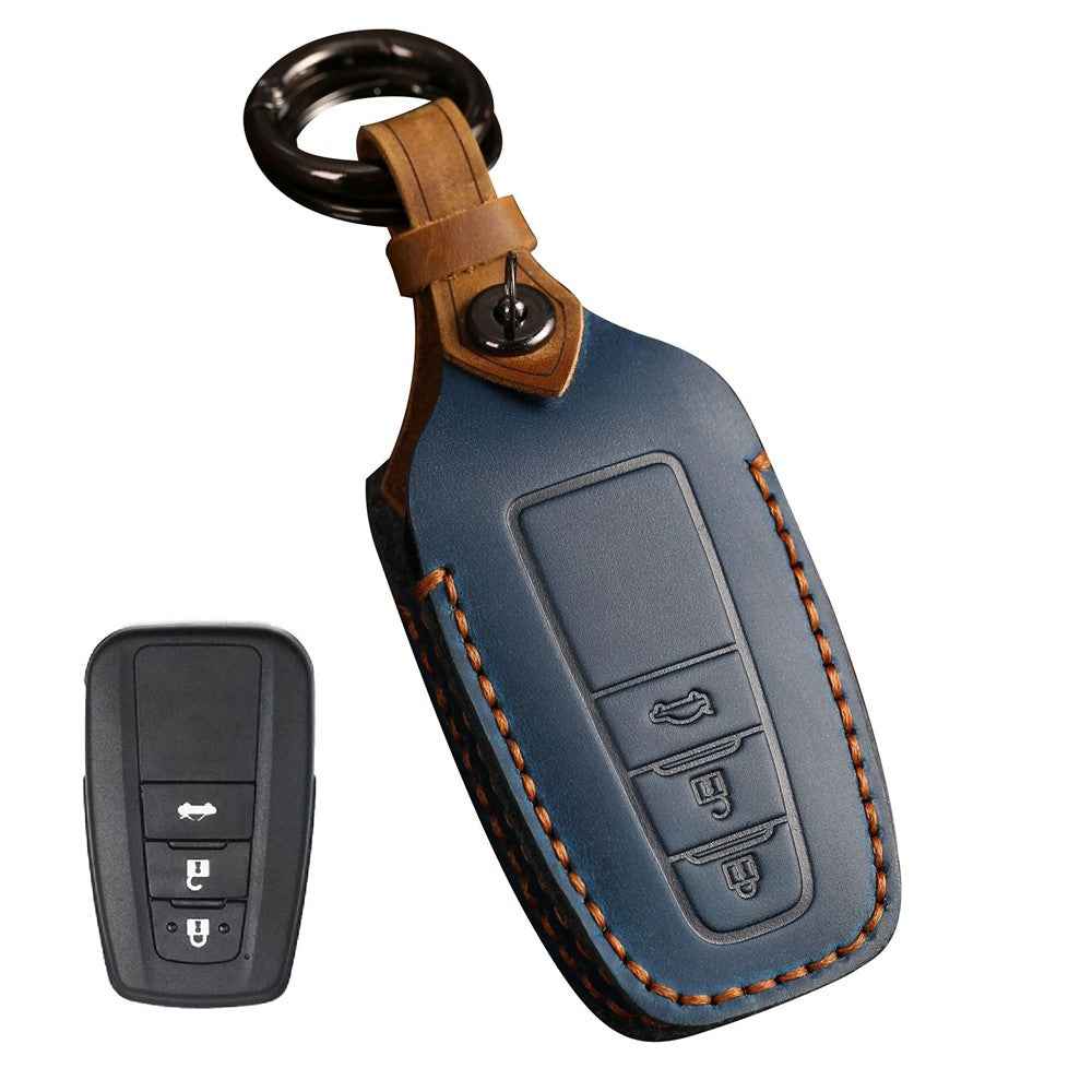 B038 Crazy Horse Cowhide Leather Sleeve 3-Button Car Key Remote Cover Protector Case for Toyota Corolla RAV4 Camry - Blue