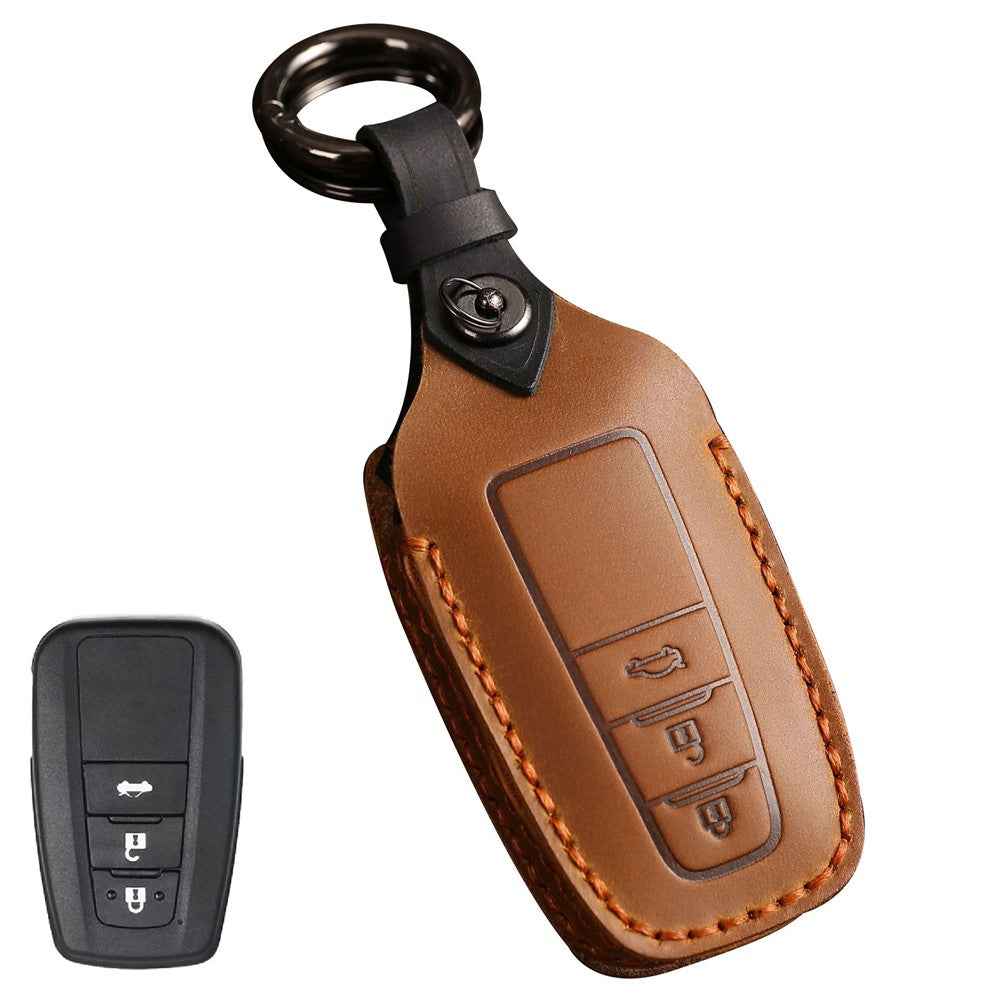 B038 Crazy Horse Cowhide Leather Sleeve 3-Button Car Key Remote Cover Protector Case for Toyota Corolla RAV4 Camry - Brown