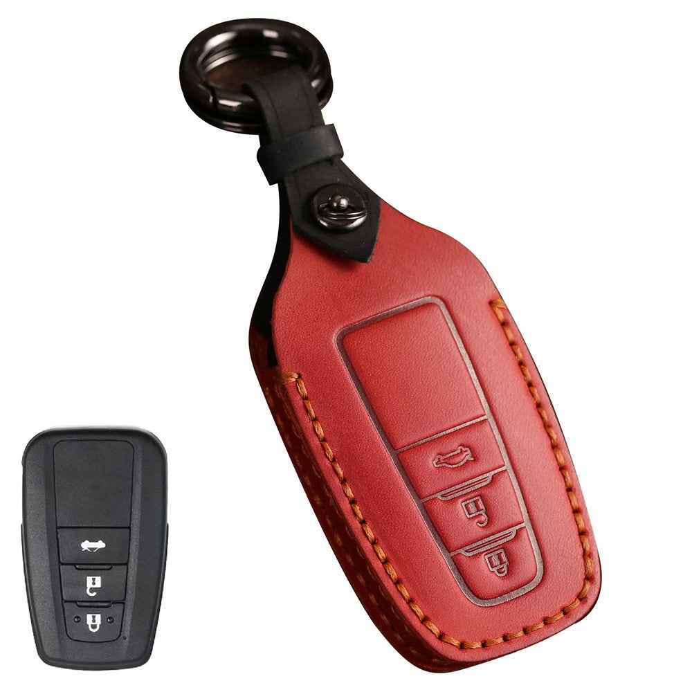 B038 Crazy Horse Cowhide Leather Sleeve 3-Button Car Key Remote Cover Protector Case for Toyota Corolla RAV4 Camry - Red