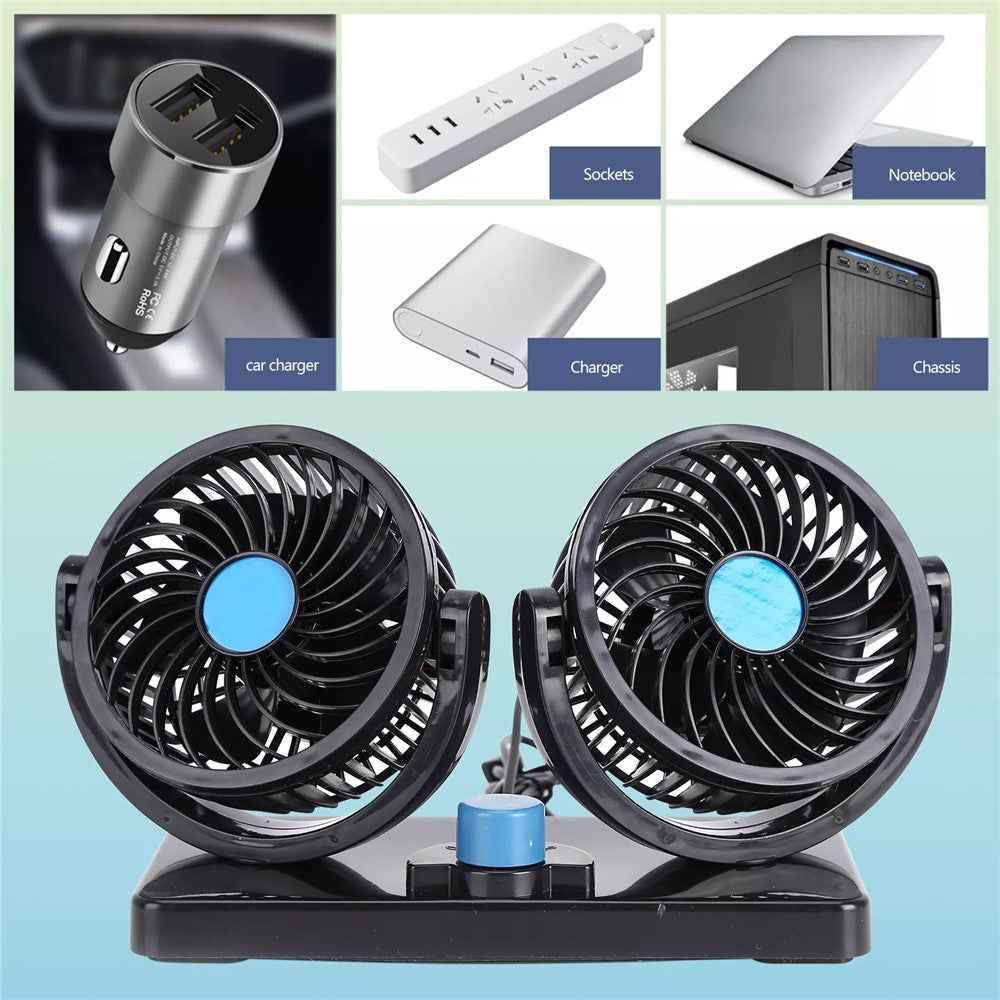 Car Dashboard Cooling Fan 12V DC Electric Dual-Head Cooling Air Circulator Strong Wind 360-Degree Rotatable Cooler