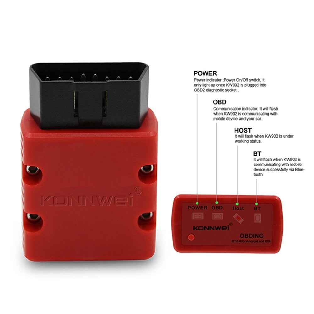 KONNWEI KW902 Bluetooth-compatible 4.0 5.0 ELM327 OBD2 IOS / Android Dual-Mode Car Fault Detector Diagnosis Device - Red