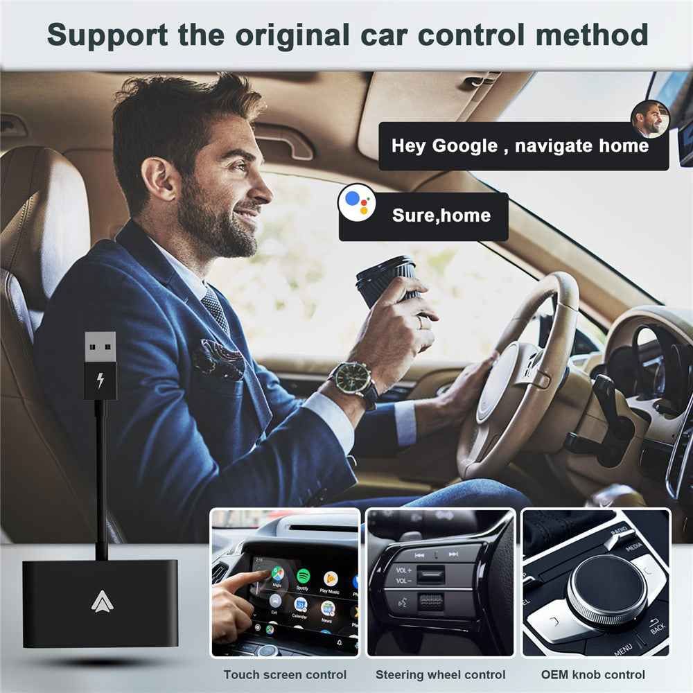 THT-020-2+ Android Auto Wireless CarPlay Adapter Android Auto Wired to Wireless Converter Support USB and Type-C Port - Black