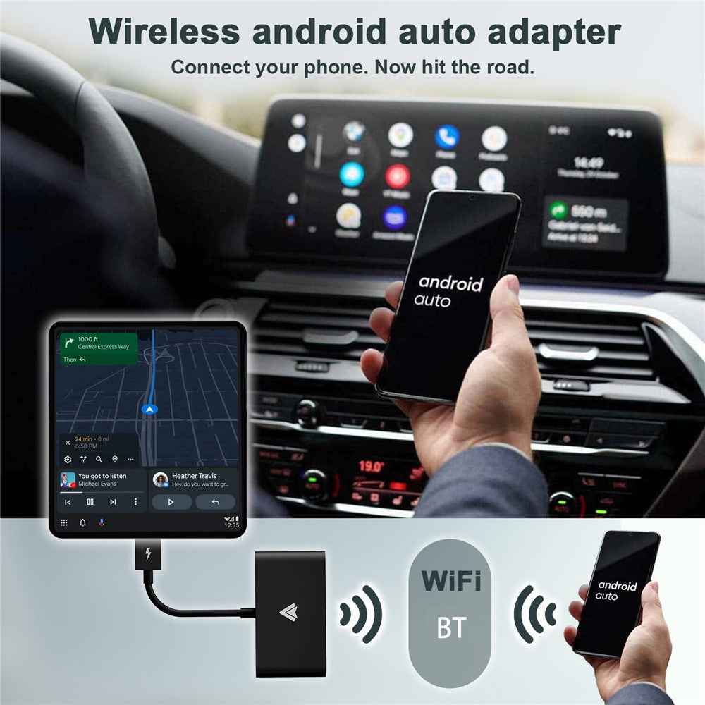 THT-020-2+ Android Auto Wireless CarPlay Adapter Android Auto Wired to Wireless Converter Support USB and Type-C Port - Black