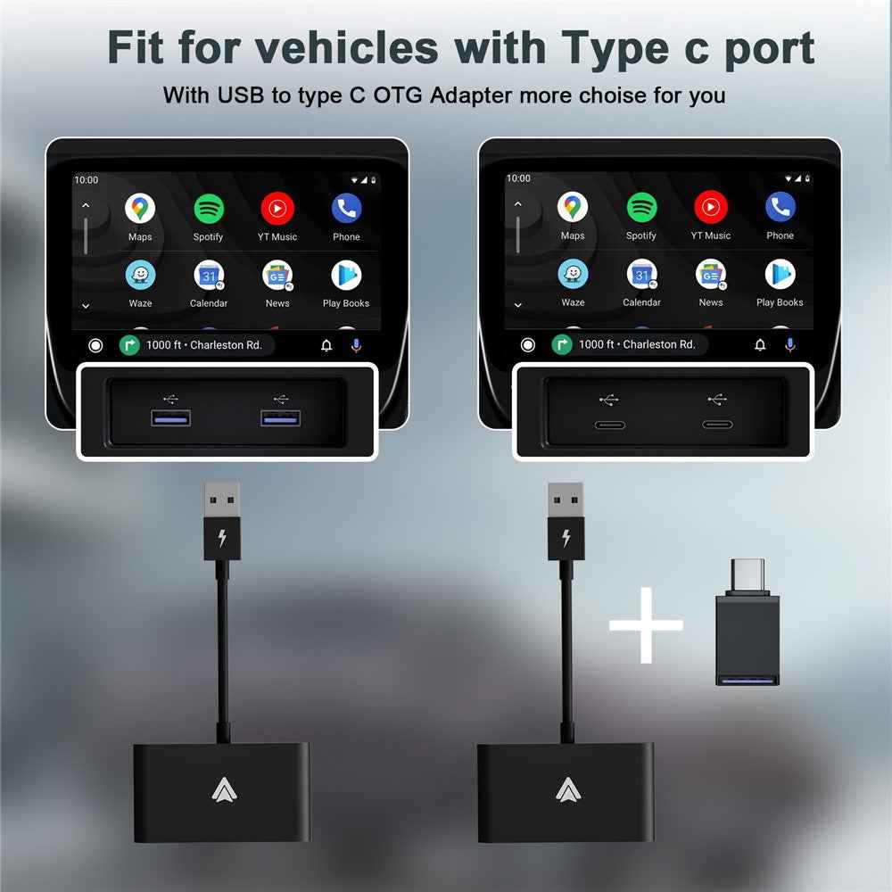 THT-020-2+ Android Auto Wireless CarPlay Adapter Android Auto Wired to Wireless Converter Support USB and Type-C Port - Black