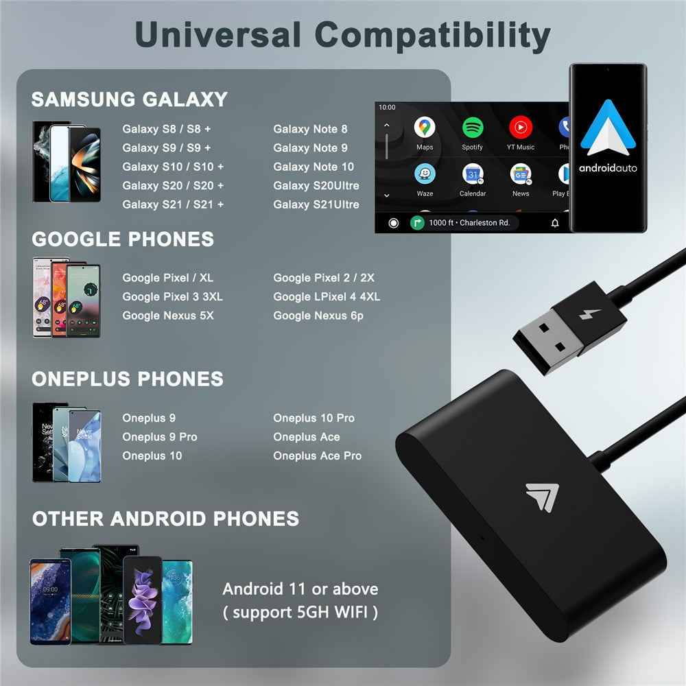 THT-020-2+ Android Auto Wireless CarPlay Adapter Android Auto Wired to Wireless Converter Support USB and Type-C Port - Black