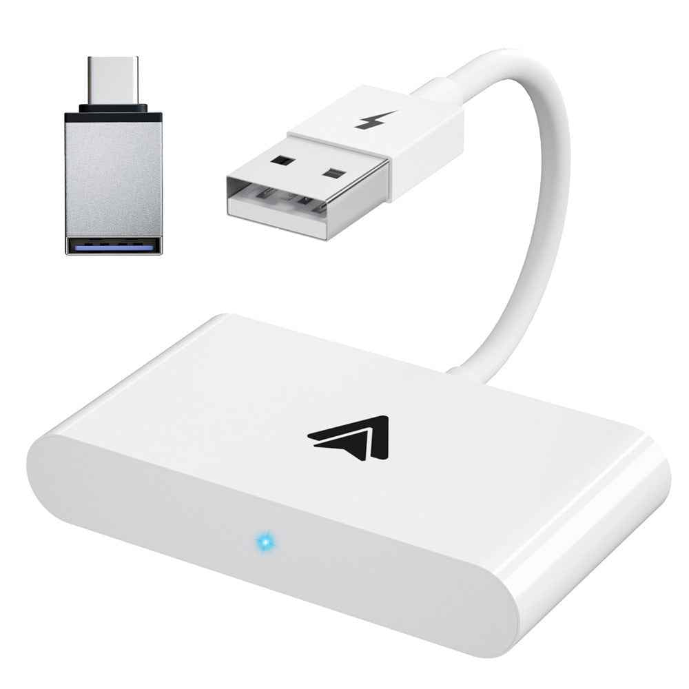 THT-020-2+ Android Auto Wireless CarPlay Adapter Android Auto Wired to Wireless Converter Support USB and Type-C Port - White
