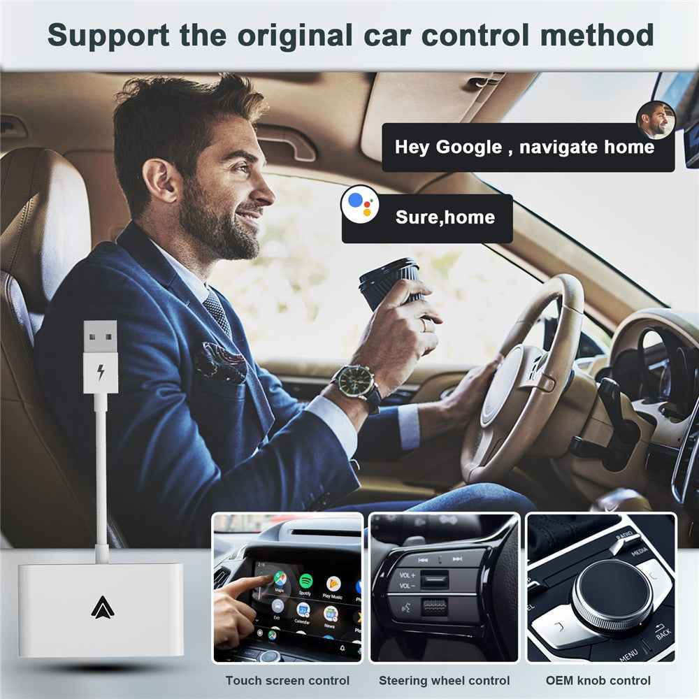 THT-020-2+ Android Auto Wireless CarPlay Adapter Android Auto Wired to Wireless Converter Support USB and Type-C Port - White