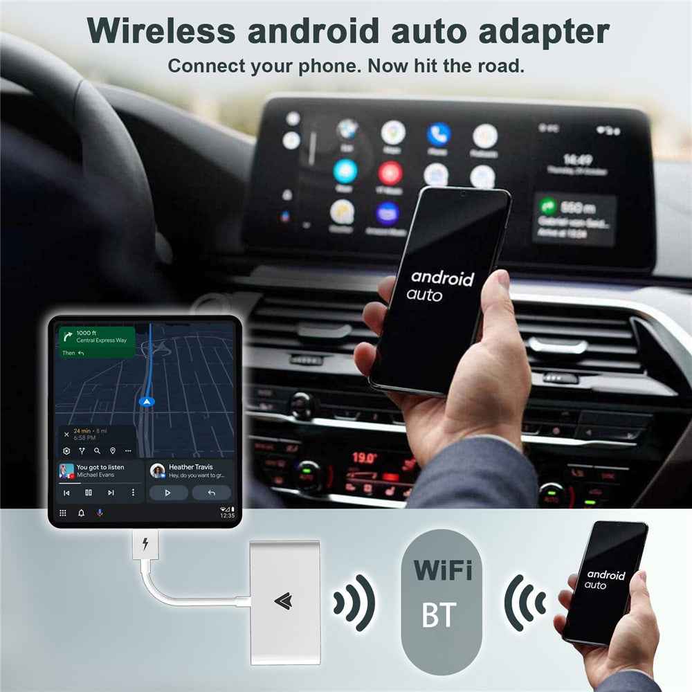 THT-020-2+ Android Auto Wireless CarPlay Adapter Android Auto Wired to Wireless Converter Support USB and Type-C Port - White