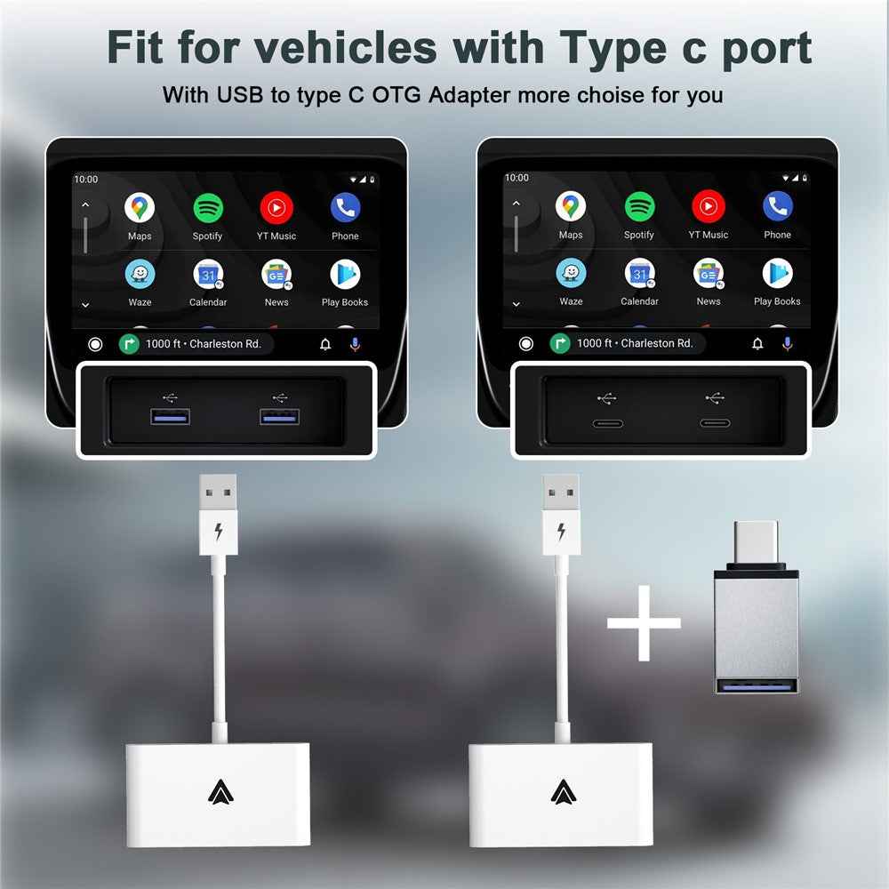 THT-020-2+ Android Auto Wireless CarPlay Adapter Android Auto Wired to Wireless Converter Support USB and Type-C Port - White