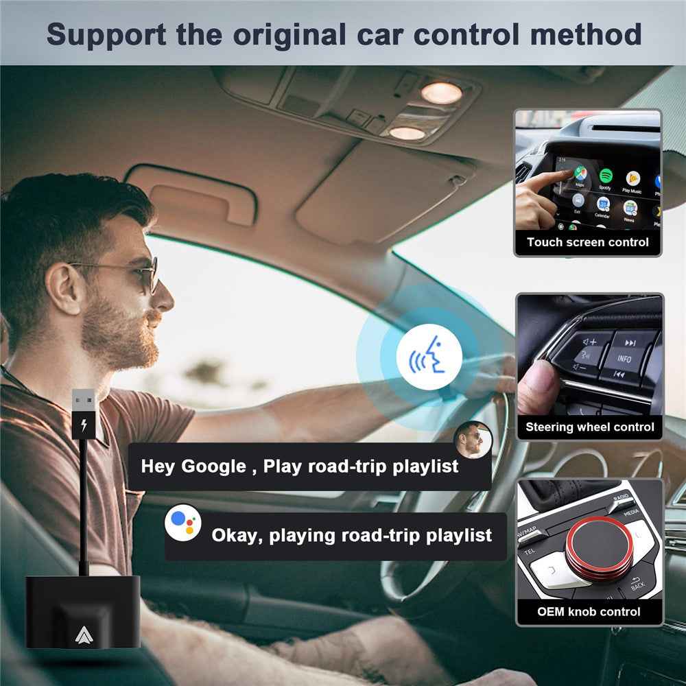 THT-020-3+ Wireless Android Auto Adapter Wired to Wireless Converter Support USB and Type-C Port - Black