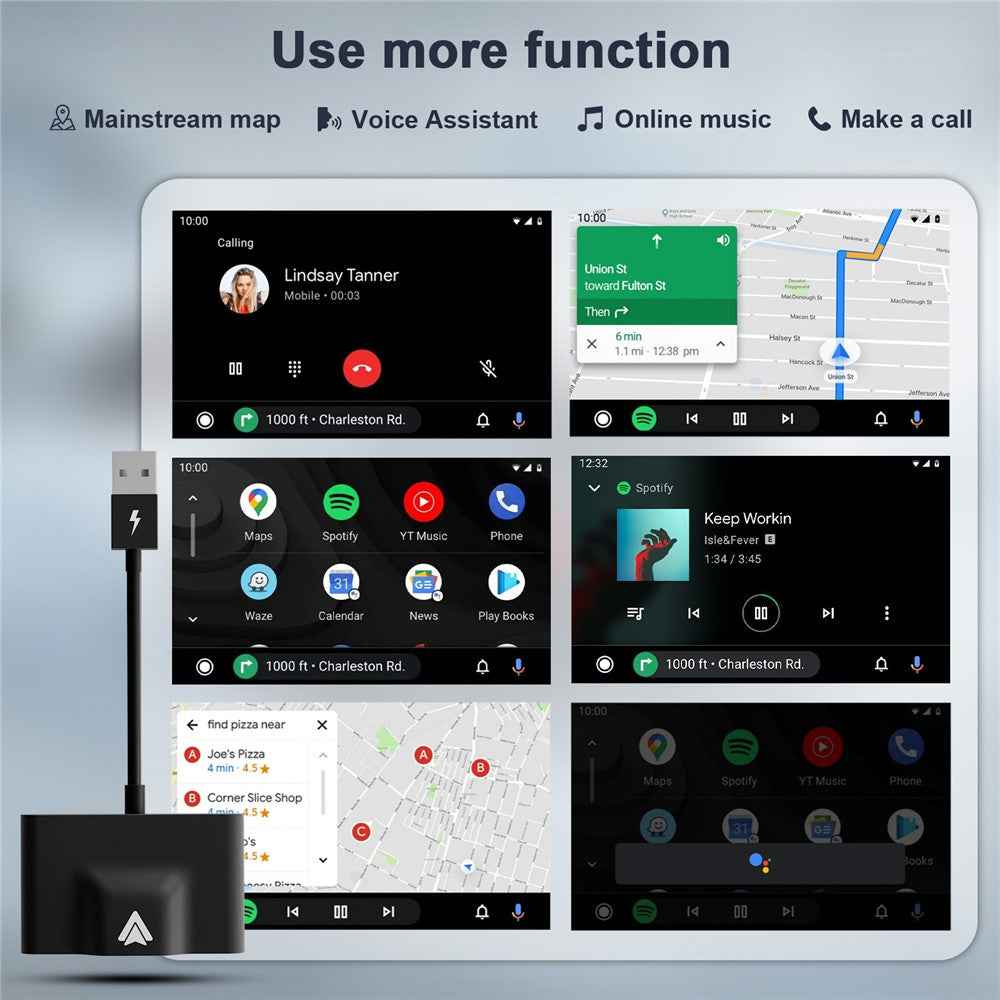 THT-020-3+ Wireless Android Auto Adapter Wired to Wireless Converter Support USB and Type-C Port - Black