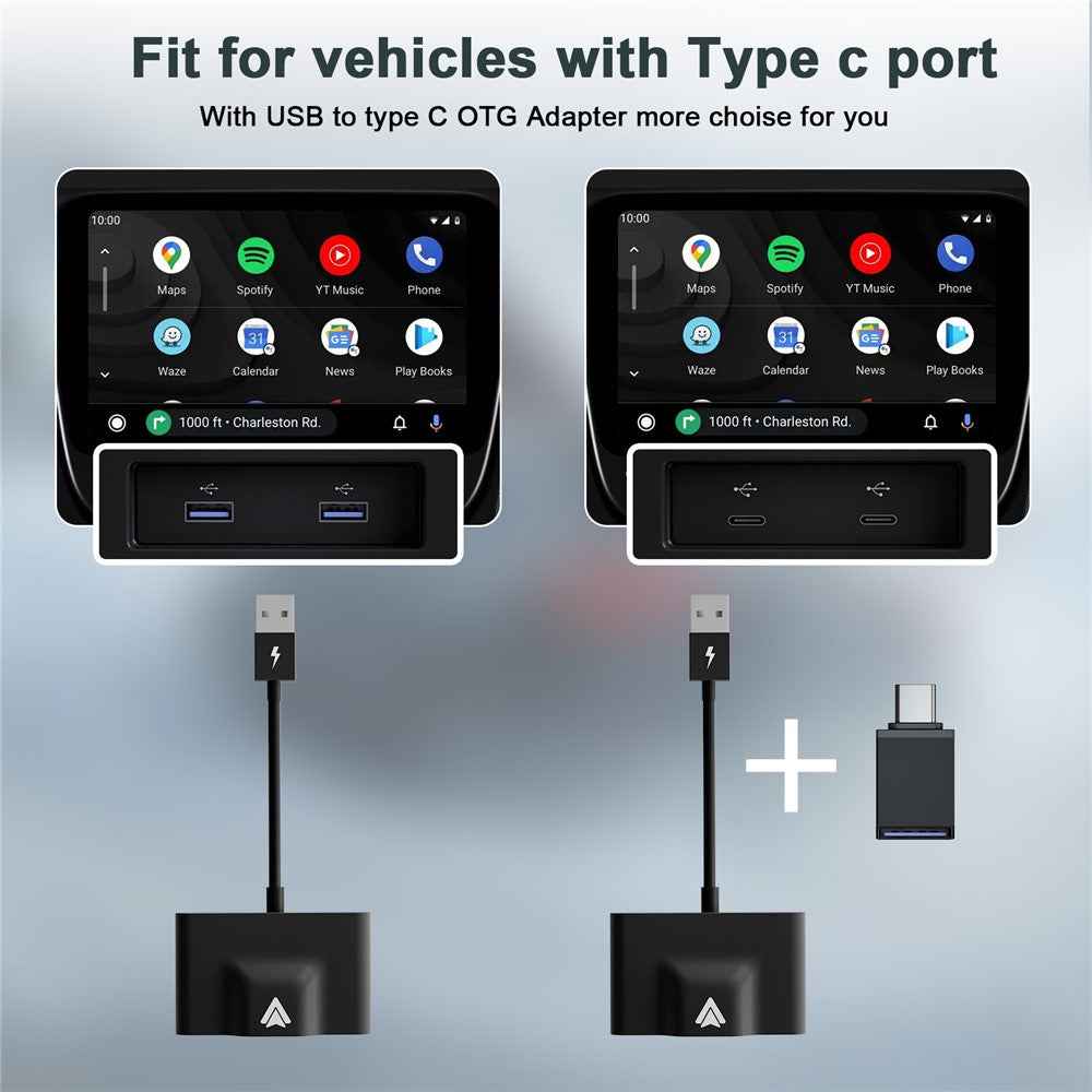 THT-020-3+ Wireless Android Auto Adapter Wired to Wireless Converter Support USB and Type-C Port - Black