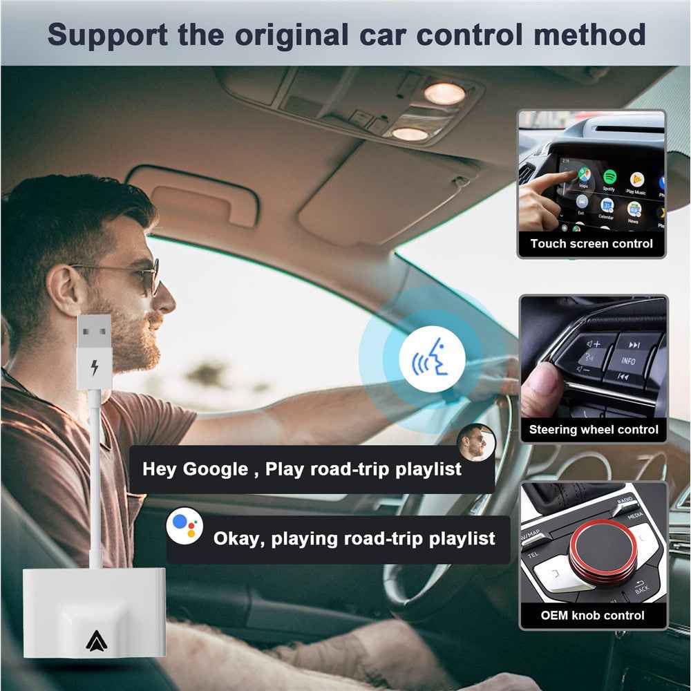 THT-020-3+ Wireless Android Auto Adapter Wired to Wireless Converter Support USB and Type-C Port - White