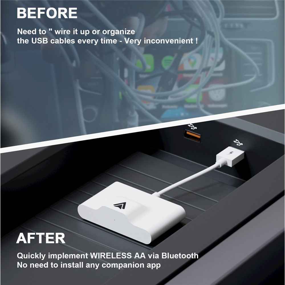 THT-020-3+ Wireless Android Auto Adapter Wired to Wireless Converter Support USB and Type-C Port - White