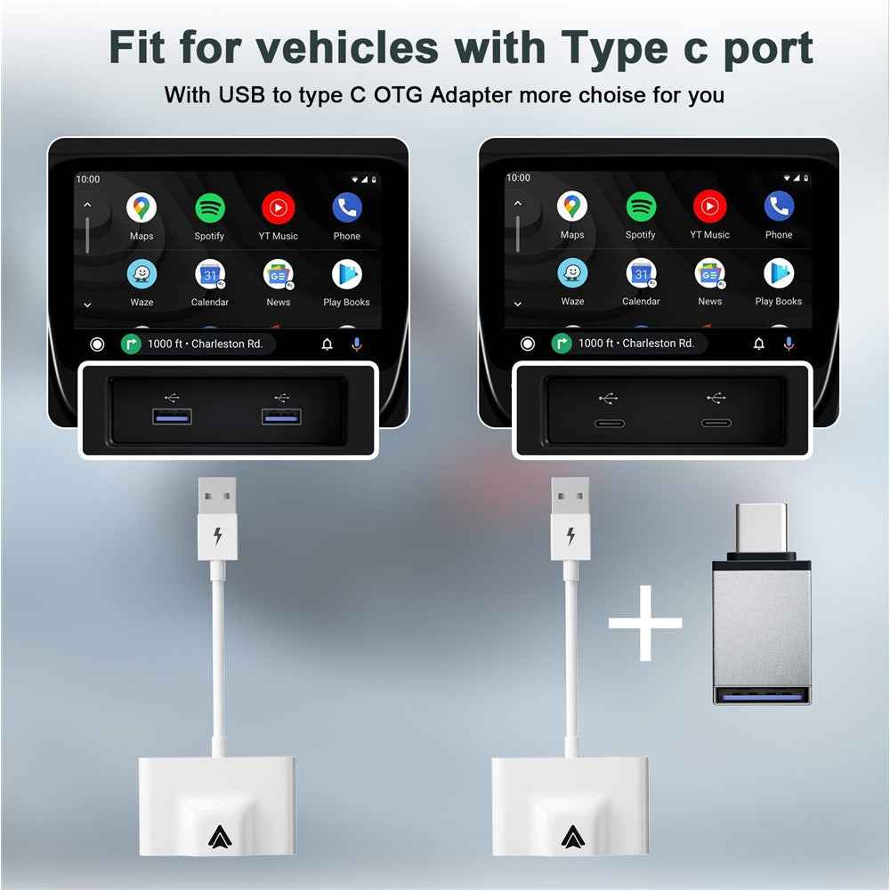 THT-020-3+ Wireless Android Auto Adapter Wired to Wireless Converter Support USB and Type-C Port - White