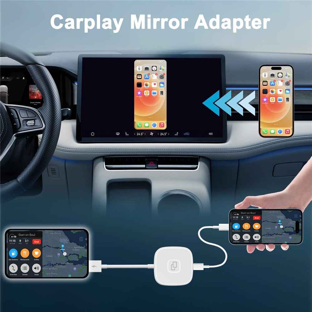 THT-020-7 Car Mirror Adapter AI BOX for iPhone Carplay to Car Display Adapter with USB-C Adapter, Wired Carplay Mirror Dongle - White