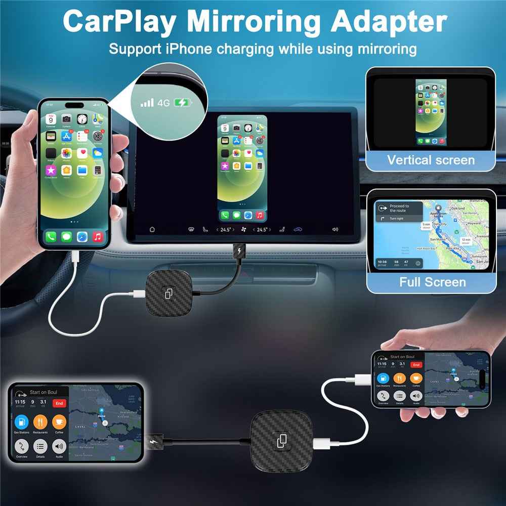 THT-020-7 Car Mirror Adapter AI BOX for iPhone Carplay to Car Display Adapter with USB-C Adapter, Wired Carplay Mirror Dongle - Black