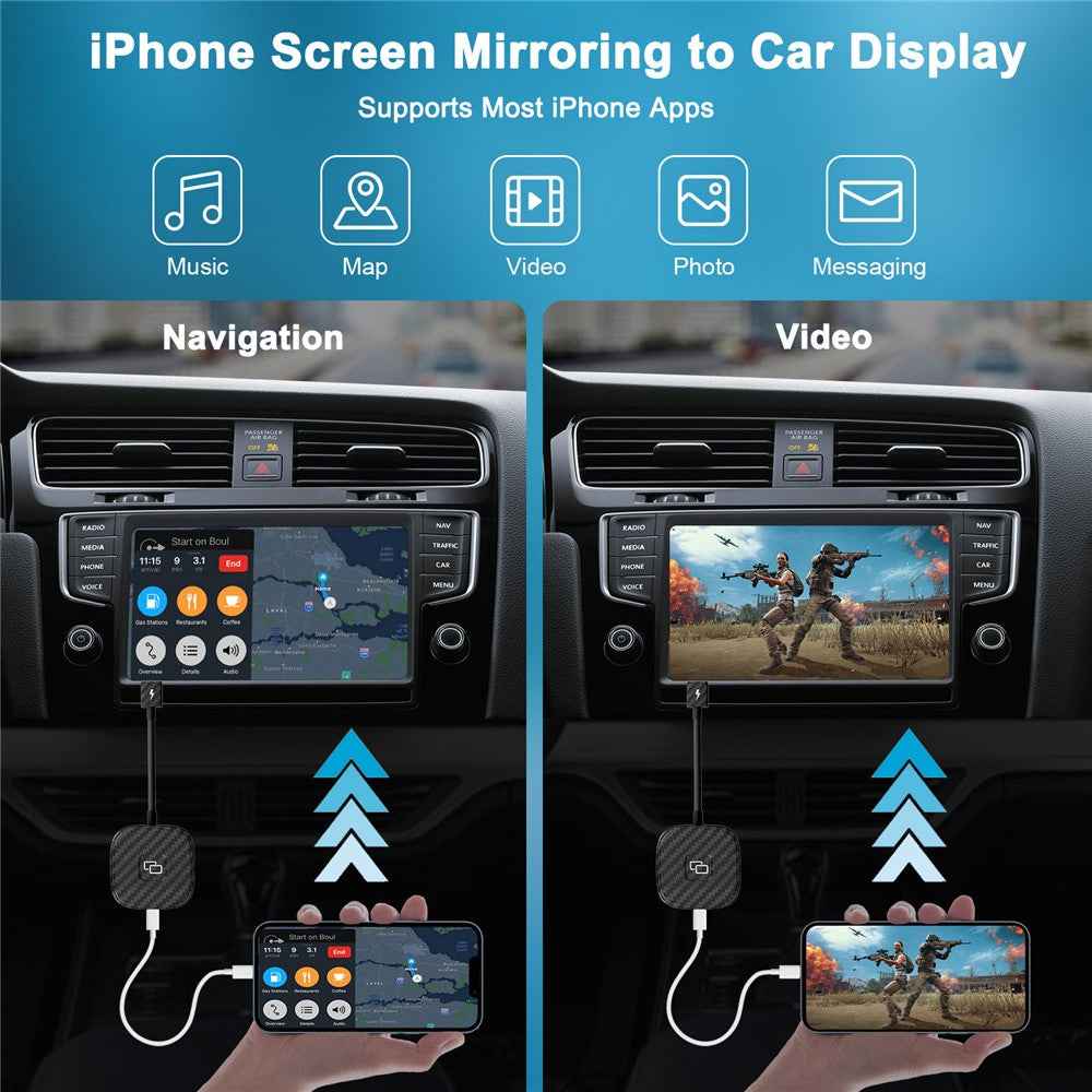 THT-020-7 Car Mirror Adapter AI BOX for iPhone Carplay to Car Display Adapter with USB-C Adapter, Wired Carplay Mirror Dongle - Black