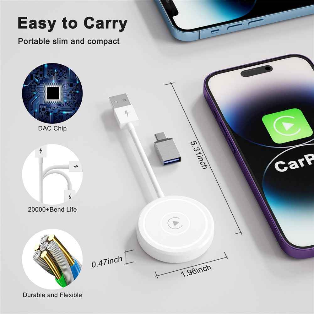 THT-020-5 Wireless CarPlay Adapter AI Box Wired to Wireless CarPlay Dongle for Wired CarPlay Cars - White