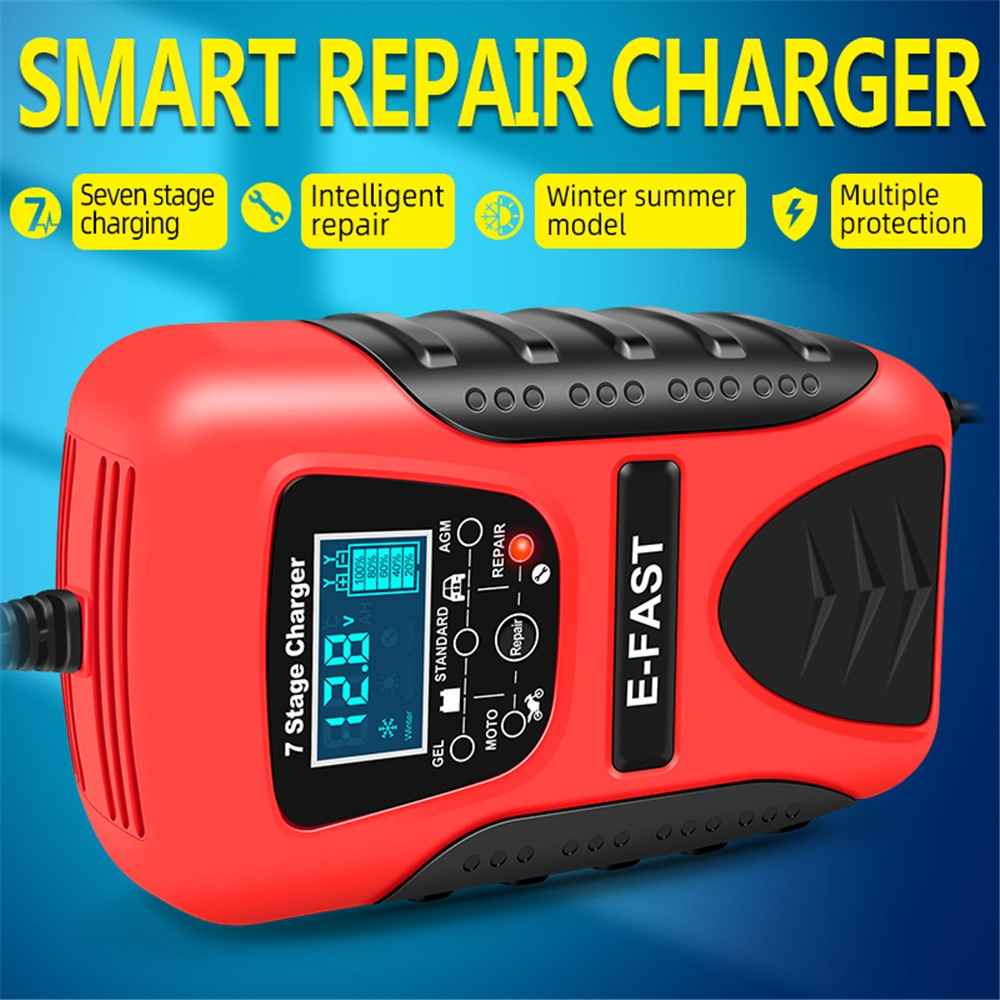 E-FAST zyx-J20 12V 7A 7-Stage Battery Charger Car Motorcycle Lead-Acid Battery Charger Maintainer - Red / EU Plug