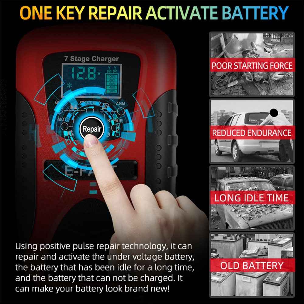 E-FAST zyx-J20 12V 7A 7-Stage Battery Charger Car Motorcycle Lead-Acid Battery Charger Maintainer - Red / EU Plug