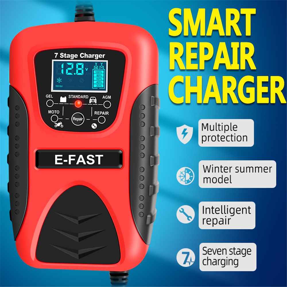 E-FAST zyx-J20 12V 7A 7-Stage Battery Charger Car Motorcycle Lead-Acid Battery Charger Maintainer - Red / US Plug