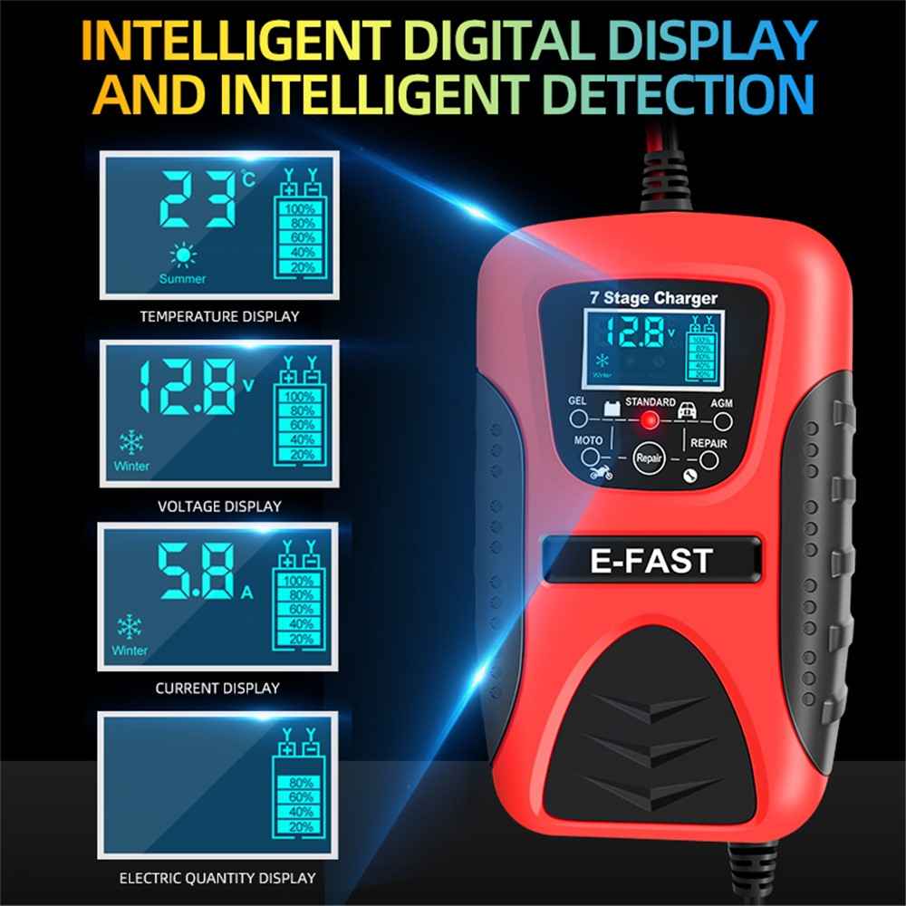E-FAST zyx-J20 12V 7A 7-Stage Battery Charger Car Motorcycle Lead-Acid Battery Charger Maintainer - Red / US Plug