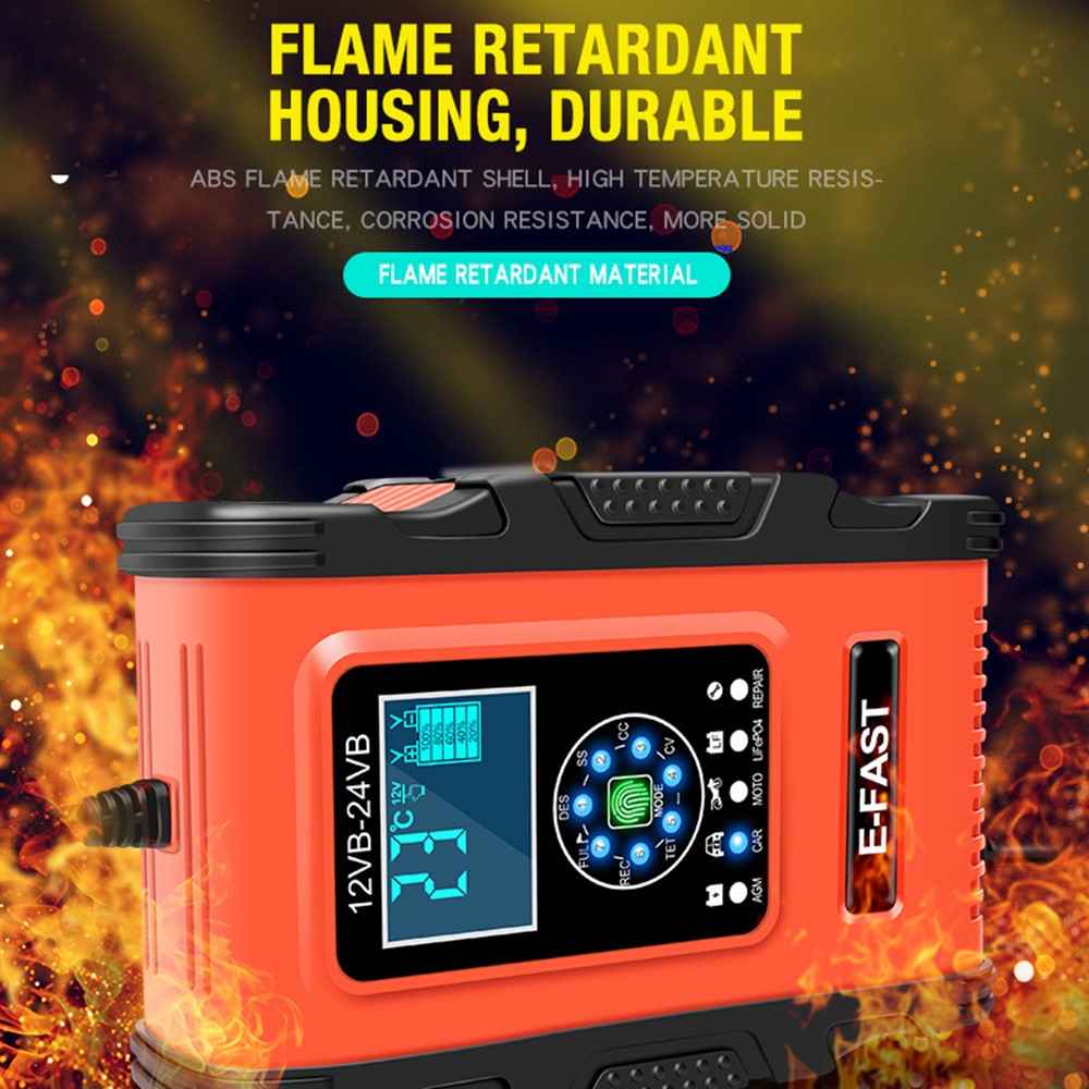 E-FAST TK500 12V / 24V 7-Stage Intelligent Battery Charger Car Truck Lead-Acid Battery Restore Charger - Orange / EU Plug